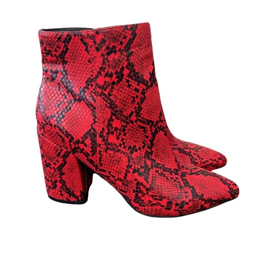NEW Madden Girl Meeko Red Python Snake Skin Print Pointed Toe Block Heel Booties